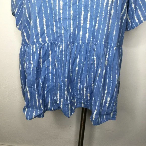 Denim & Co. Naturals Printed Linen Blend Peplum Blouse Plus Size 2X Blue/White - Picture 11 of 11